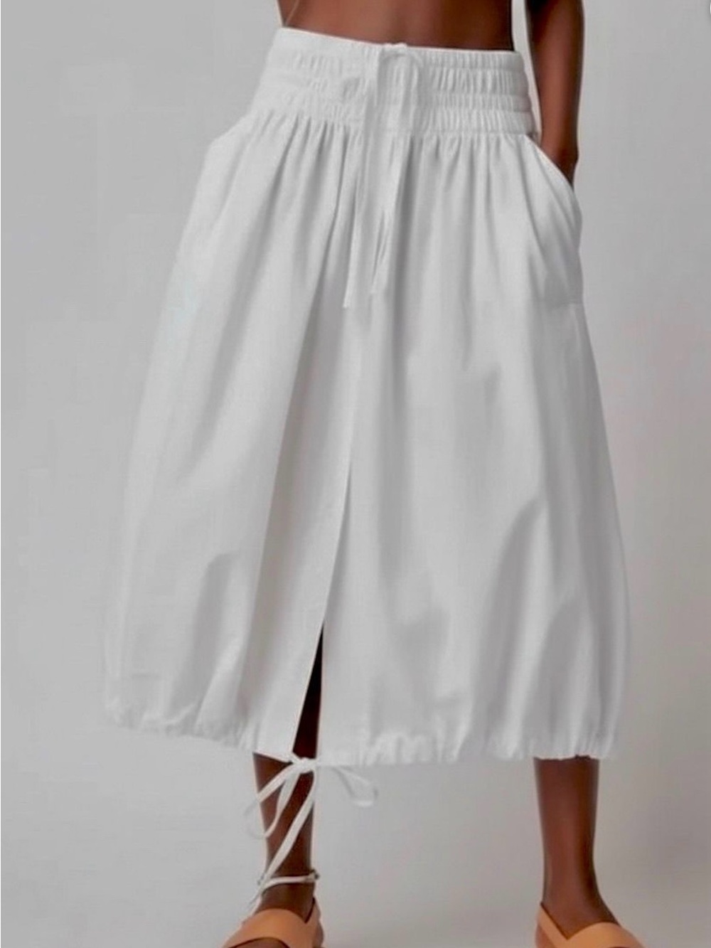 Free People White Midi Skirt with Elastic Waist and Front Slit